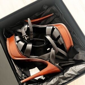 YSL sandal Elegant Black and Brown Strappy Heels